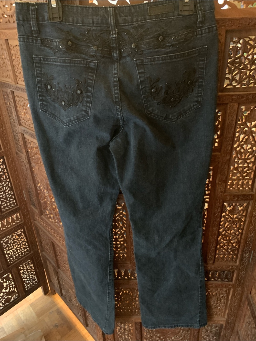 Women's Dark Blue Boot-Cut Jeans with Embellished Front Pockets